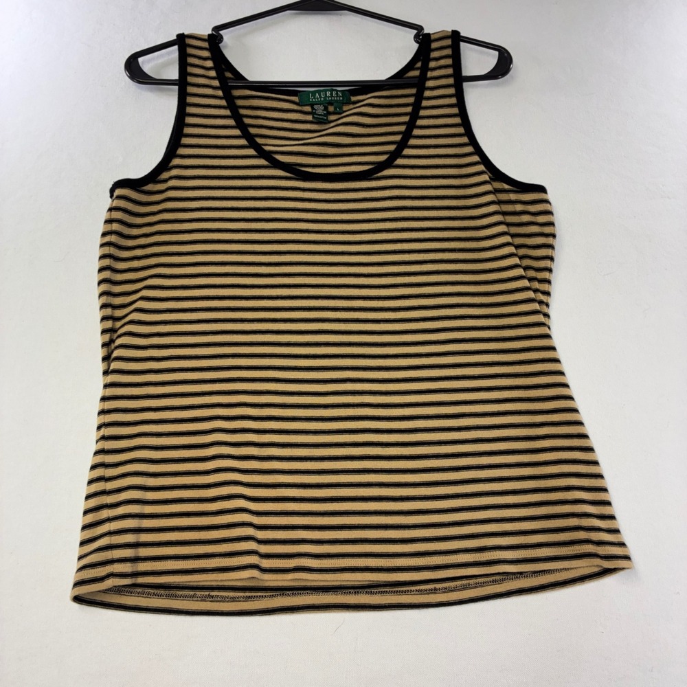 598 Preppy Lauren Ralph Lauren Tank Top Large Tan Black Striped Cotton